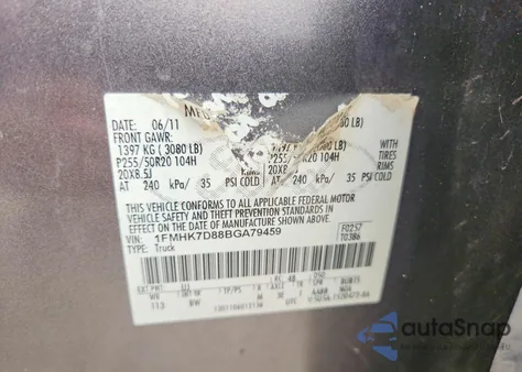 2011 Ford Explorer Xlt из США, поврежденный, VIN 1FMHK7D88BGA79459